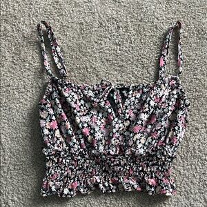 wild fable Black Floral Smocked Crop Top with Pink & White Flowers